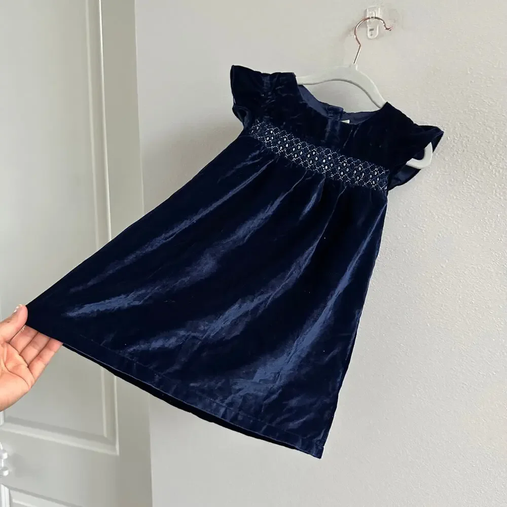 JoJo Maman Bebe Girls 18-24M Blue Velvet Smocked Dress